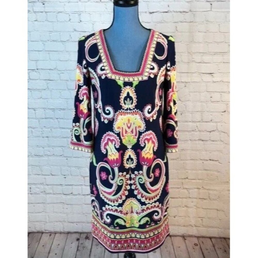 Laundry Shelli Segal Dress Medallion Abstract Floral Print Deep Square Neckline